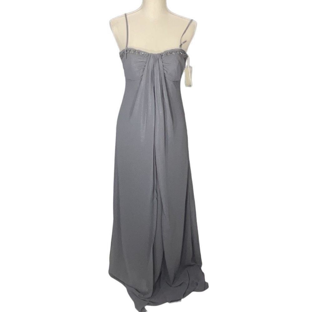 David’s Bridal Pewter Gray Shimmer Adjustable Strapless Fog foil Split Gown Sz 4